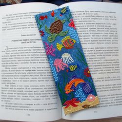 hand painted bookmark, under the sea, leather bookmark, sea bookmark, handmade bookmark, childrens bookmark, fish