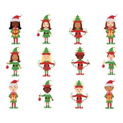 christmas elves clipart bundle, christmas elves png, girl boy elves, african american elves clip art