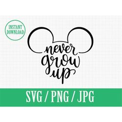 never grow up | peter pan disneyland | svg png jpg | instant file download