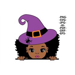 black girl halloween, halloween girl svg, afro girl, halloween svg, halloween vector, hat with spider, purple hat, puff