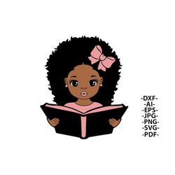black girl reading book svg, school, girl learning, puff hair, afro princess svg, afro baby svg, afro girl svg, svg cut