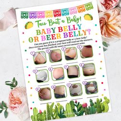 baby belly or beer belly taco baby shower game, taco bout baby shower baby belly or beer belly game, photo guessing game