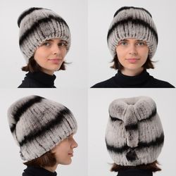 fur women's high rabbit fur hat with a tail at the back to adjust hat height and warm casual fur hat for lady