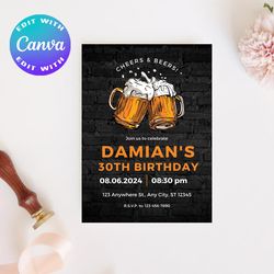 30th cheers and beers, 30th birthday invitation, 30th birthday party invitation, cheers and beers invitation, beer party