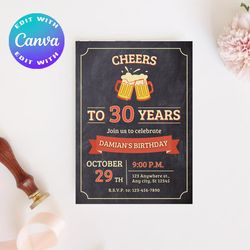 30th cheers vintage birthday invitation, 30th birthday invitation, 30th birthday party invitation, cheers and beers