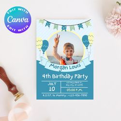 boy birthday invitation, blue invitation, boy party invitation, boy birhday party invitation, invitation with photo