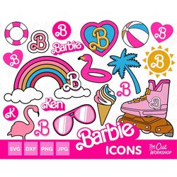 barbi icons bundle rainbow inline skate flamingo palm ice cream sun | svg png jpg clipart digital download sublimation c