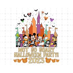 not so scary halloween party 2023 png, happy halloween, pumpkin png, mouse halloween png, haunted house, skeletons png,