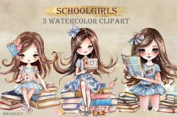 schoolgirls cute watercolor clipart