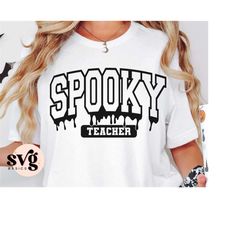 spooky teacher svg png, halloween teacher svg, teacher shirt, varsity font, spooky vibes svg, teacher halloween png, col