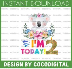 koala birthday png, i'm today 2 birthday koala png, birthday png, birthday sublimation printing