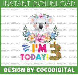 koala birthday png, i'm today 3 birthday koala png, birthday png, birthday sublimation printing