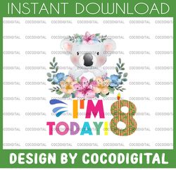 koala birthday png, i'm today 8 birthday koala png, birthday png, birthday sublimation printing