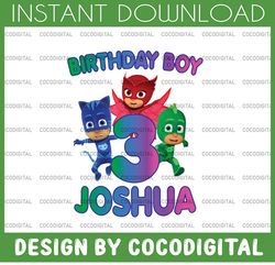 personalized name and ages, birthday boy pj masks png iron on transfer, personalized diy, birthday girl party printables