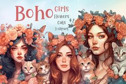 boho girl with flowers and cats clipart