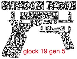 glock 19 gen 5 gun design abstract floral scroll pattern 3 vector svg fiber laser engraving, cnc cutting vector file