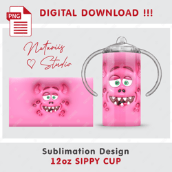 funny 3d inflated puffy monster - seamless sublimation pattern - 12oz sippy cup - full cup wrap