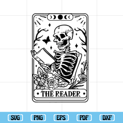 the reader tarot card svg, skeleton reading svg, the reader svg, book lover svg, reading svg, booktrovert svg,reader svg