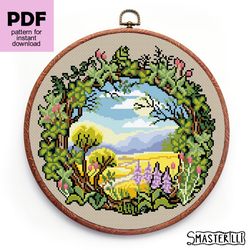 floral wreath cross stitch pattern pdf, summer scenery ornament, gold fields landscape design, nature inspired pattern