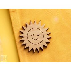 smiley sun brooch pin svg png  glowforge cricut laser template  wood leather acrylic  commercial use file  cute easy diy