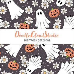 floral halloween seamless pattern, ghost, pumpkin, halloween spooky seamless digital pattern, repeat pattern for fabric,