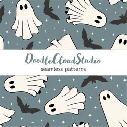 boho halloween seamless digital pattern, halloween ghosts repeat pattern for fabric, ghost & bat pattern, boho halloween