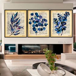 Blue eucalyptus floral botanical art print on book dictionary old page poster Set 2 canvas art, Vintage Office Home