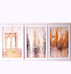 new york triptych painting original painting on canvas, set of 3 paintings by walperion