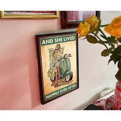 she lived happily ever after motorbike vespa ancient bike vintage poster, no framed , gift