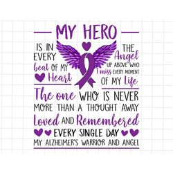 my hero is in every beat of my heart png, alzheimers png, alzheimer's association png, senior care, ribbon png, purple d