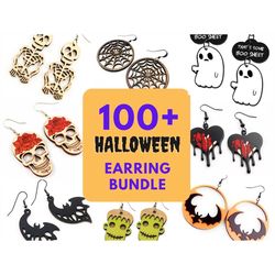 100 halloween earring svg bundle, amazing set of skeleton, monster, ghost, web, spider, black cat, bat, pumpkin designs