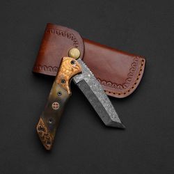 cupa folding knife custom handmade damascus steel pocket folding knife with leather sheath hand forged outdoor mk6133m