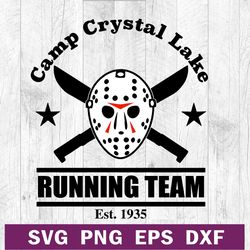 camp crystal lake running team svg png file, jason voorhees mask svg, jason voorhees halloween funny svg