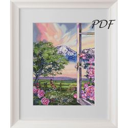 cross stitch pattern pdf dawn in the mountains (with a girl) cross stitch pattern pdf design for embroidery