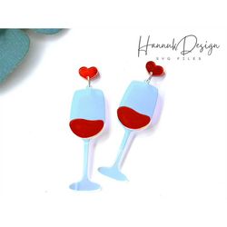 glass of wine with a heart earring svg laser cut file for glowforge, wood earring svg, wine lover earrings svg, template