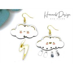 cute cloud with lightning and rain drops laser cut and engraving file for glowforge, wood earring template svg, instant