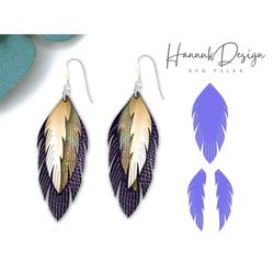 layered boho feather earring shapes svg for cricut, bohemian faux leather earring template svg instant download