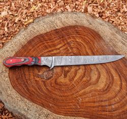 handmade damascus fillet knife for fishing hand forged fillet knife with leather sheath, handmade damascus fillet knife