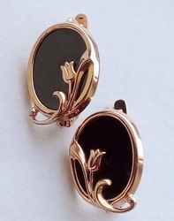 rare 14k earrings onyx stone 585 rose gold  retro russian women's jewelry vintage gift