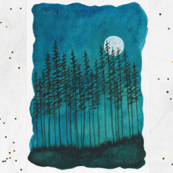 night forest painting original watercolor painting dark forest painting full moon painting night sky 5x7"