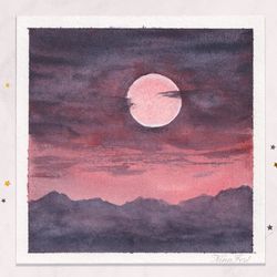 full moon painting night sky painting mountains painting original watercolor painting tiny painting mini painting 3x3