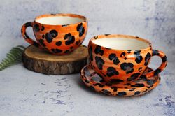 tea set leopard, cappuccino cup and saucer, handmade spotted set of dishes, ceramic  mug 6oz.