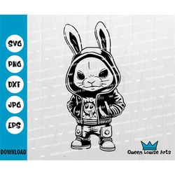 cool bunny svg png, cute rabbit in hood clothes svg,cute fashion bunny angry upset png,dxf digital download cricut cut c