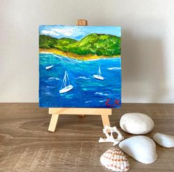 seascape painting original oil painting miniature painting boats painting small art wall decor art gift ideas easel art