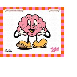 cute and cool brain retro cartoon character svg png mental health design for t-shirts, mugs, stickers, and tote bags - c