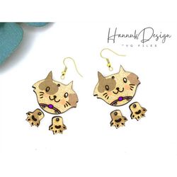 Cute Cat with Pendent Paws Earring Svg Laser Cut and Engraving File for Glowforge, Kawaii Kitty Wood Earring Template, I
