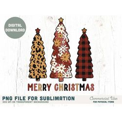 Merry Christmas Trees PNG for sublimation - boho retro christmas leopard print png, retro holiday florals png - Commerci