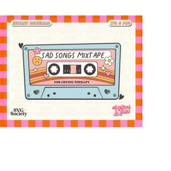 sad songs mixtape sticker, 90s cassette sticker png, cute design for stickers, sticker for 90s kid, commercial use, dtf,