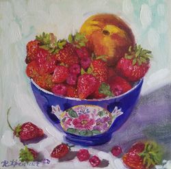 strawberry painting, berries still life original oil painting, fine art