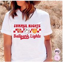 summer nights ballpark lights, retro baseball png, checkered baseball , summer png, printable png sublimation